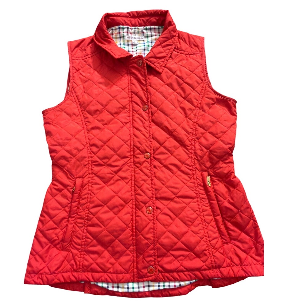 Peter Millar Red Quilted Vest Women M Plaid Lined Snap Front Gold Hardware zz72